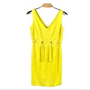 * Vintage 90s KS Collection Yellow Linen Blend V Neck Sheath Dress Size 10